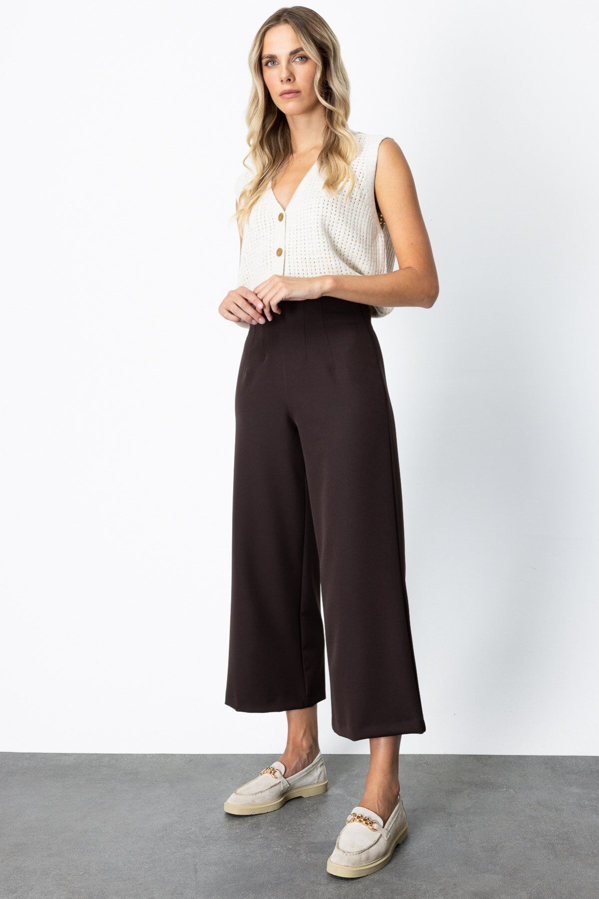 On Dikiş Detaylı Palazzo Pantolon Kahve