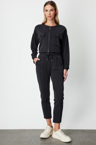 On Beli Lastikli Çimalı Eşofman Altı Siyah