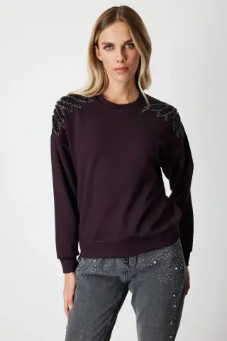 On Omuzları İncili Sweat BORDO - M