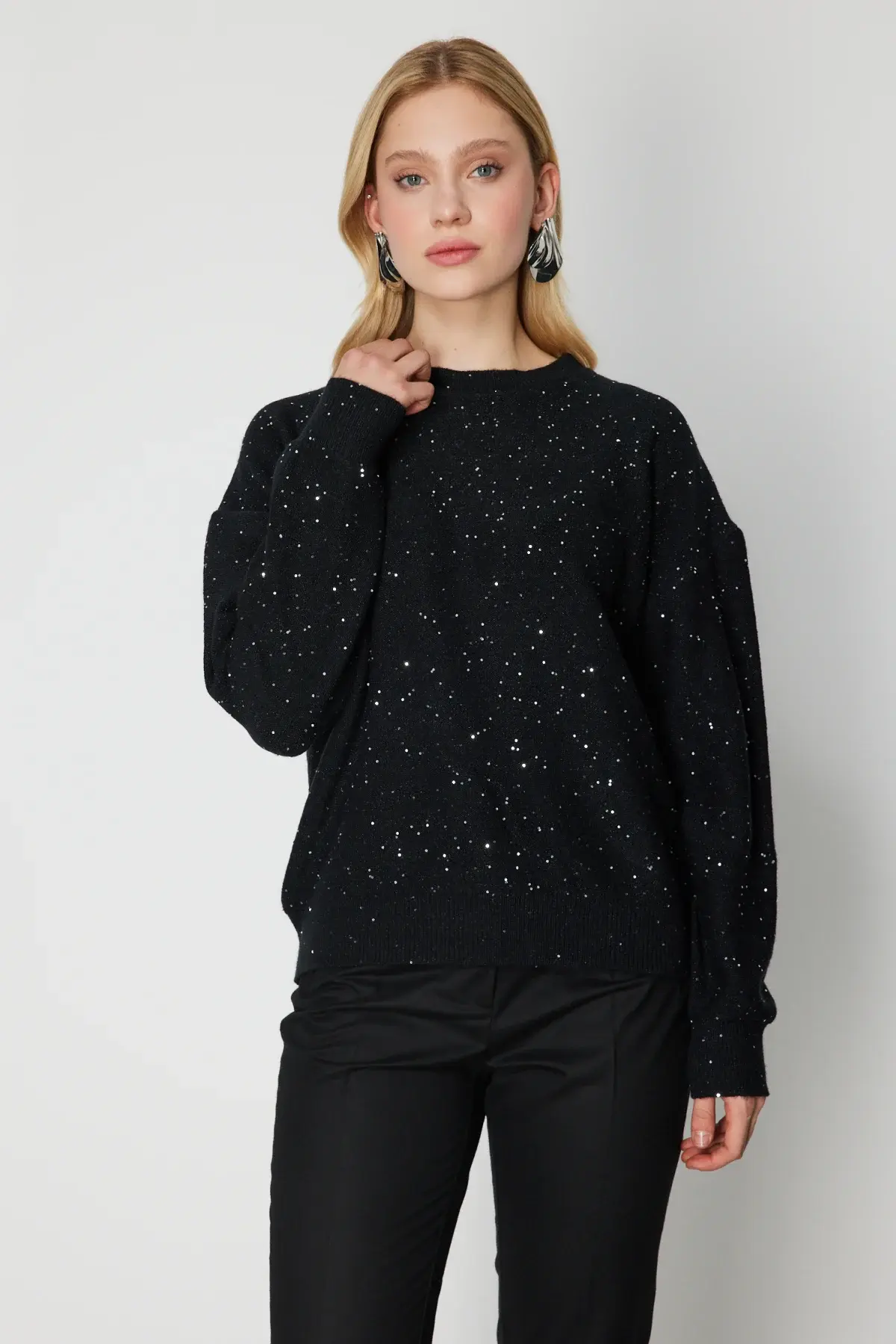 On Simli Kumaş Sıfır Yaka Triko Kazak