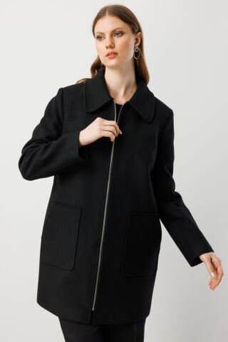 Ekol Yandan Cepli Büyük Beden Kaşe Kaban Siyah