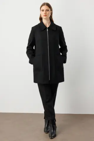 Ekol Yandan Cepli Büyük Beden Kaşe Kaban Siyah