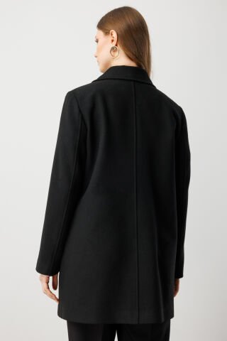 Ekol Yandan Cepli Büyük Beden Kaşe Kaban Siyah