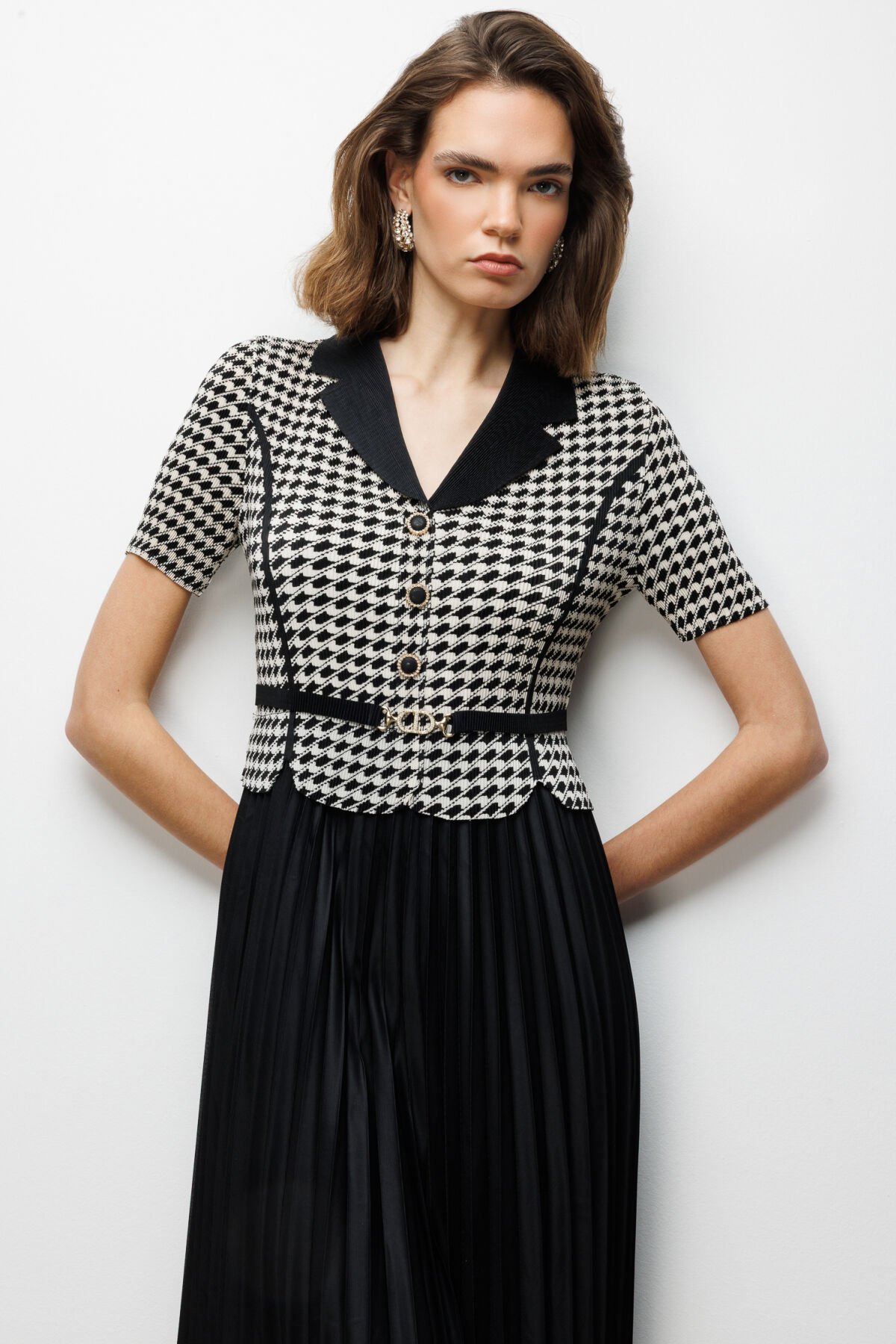 Ekol Akordiyon Kumaş Desenli Maxi Elbise Siyah