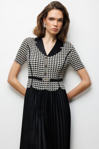 Ekol Akordiyon Kumaş Desenli Maxi Elbise Siyah