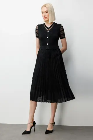 Ekol Süs Düğmeli Akordiyon Kumaş Elbise Siyah