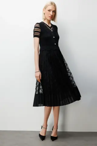 Ekol Süs Düğmeli Akordiyon Kumaş Elbise Siyah