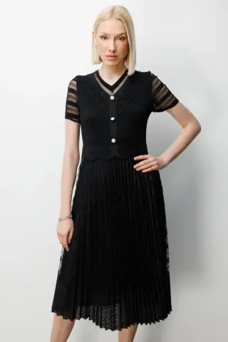 Ekol Süs Düğmeli Akordiyon Kumaş Elbise Siyah