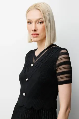 Ekol Süs Düğmeli Akordiyon Kumaş Elbise Siyah