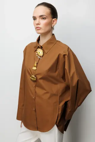 Ekol Metal Broşlu Oversize Pamuk Gömlek