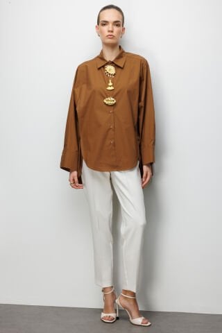 Ekol Metal Broşlu Oversize Pamuk Gömlek