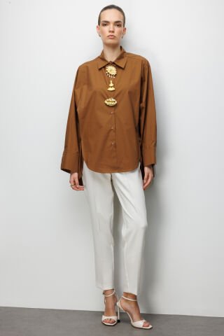 Ekol Metal Broşlu Oversize Pamuk Gömlek