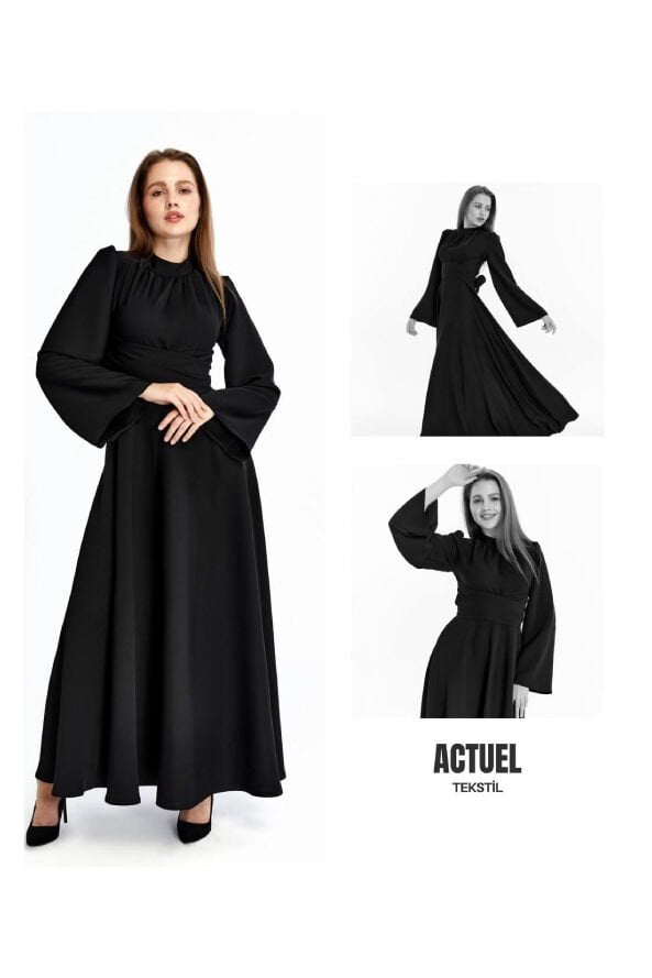 Geniş Kol ve Önden Bağlama Elbise Siyah