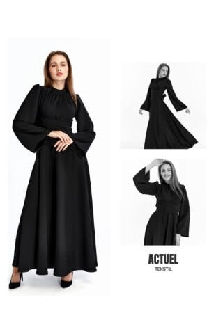 Geniş Kol ve Önden Bağlama Elbise Siyah