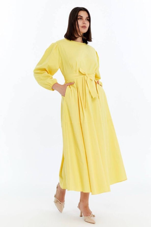 Lastik Kol Detaylı Belden Bağlama Elbise Sarı