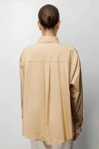 Ekol Boncuk İşlemeli Oversize Pamuk Gömlek Camel