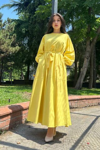 Lastik Kol Detaylı Belden Bağlama Elbise Sarı