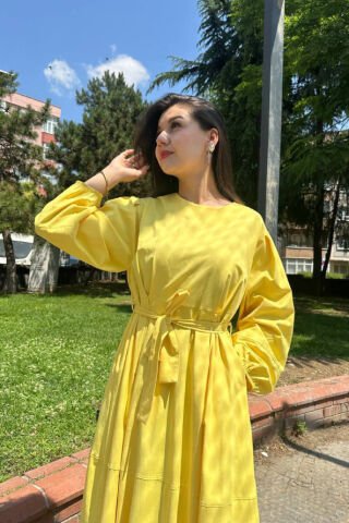 Lastik Kol Detaylı Belden Bağlama Elbise Sarı