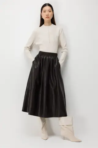 Ekol Beli Lastikli Deri Midi Etek KAHVE - 40