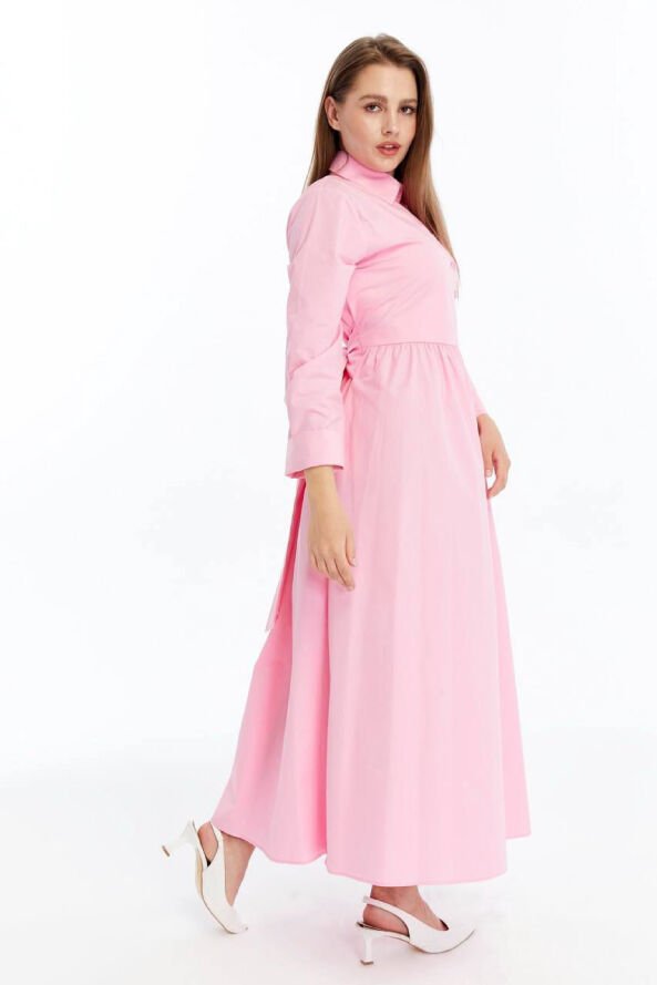 Kuşak ve Düğme Detaylı Uzun Elbise Pembe