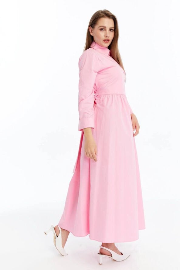 Kuşak ve Düğme Detaylı Uzun Elbise Pembe