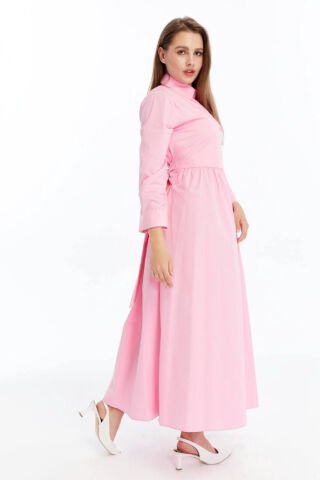 Kuşak ve Düğme Detaylı Uzun Elbise Pembe