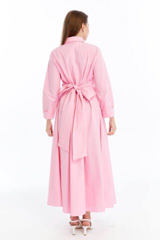 Kuşak ve Düğme Detaylı Uzun Elbise Pembe