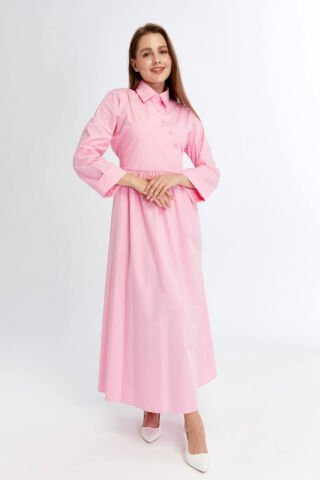 Kuşak ve Düğme Detaylı Uzun Elbise Pembe