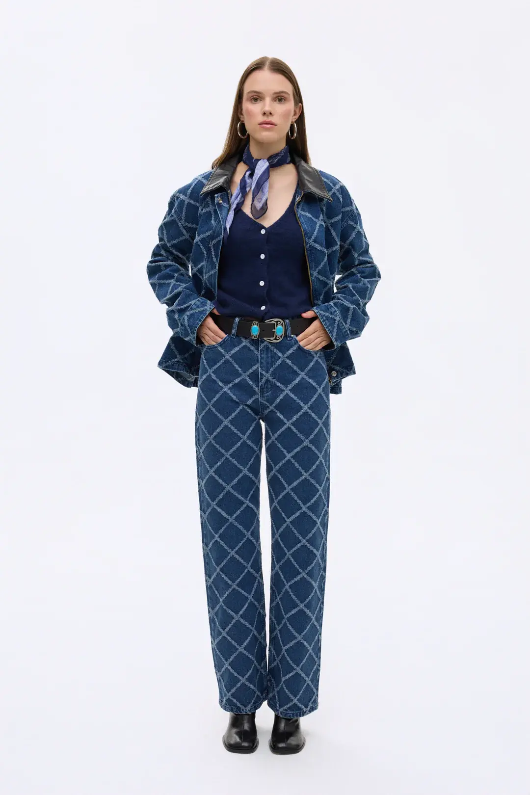 QUZU Baklava Desenli Yüksek Bel Bol Paça Kot Pantolon Mavi