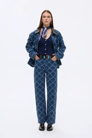 QUZU Baklava Desenli Yüksek Bel Bol Paça Kot Pantolon Mavi