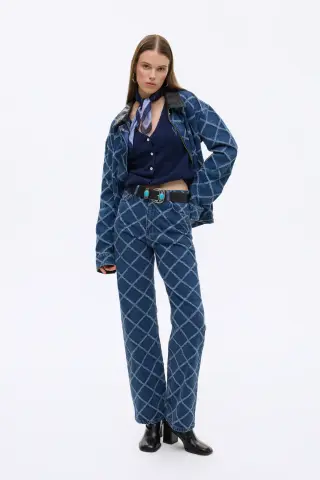 QUZU Baklava Desenli Yüksek Bel Bol Paça Kot Pantolon Mavi