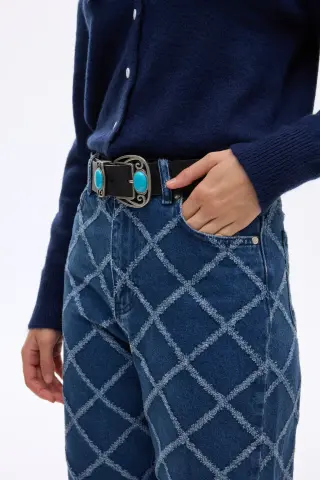 QUZU Baklava Desenli Yüksek Bel Bol Paça Kot Pantolon Mavi