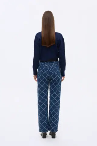 QUZU Baklava Desenli Yüksek Bel Bol Paça Kot Pantolon Mavi