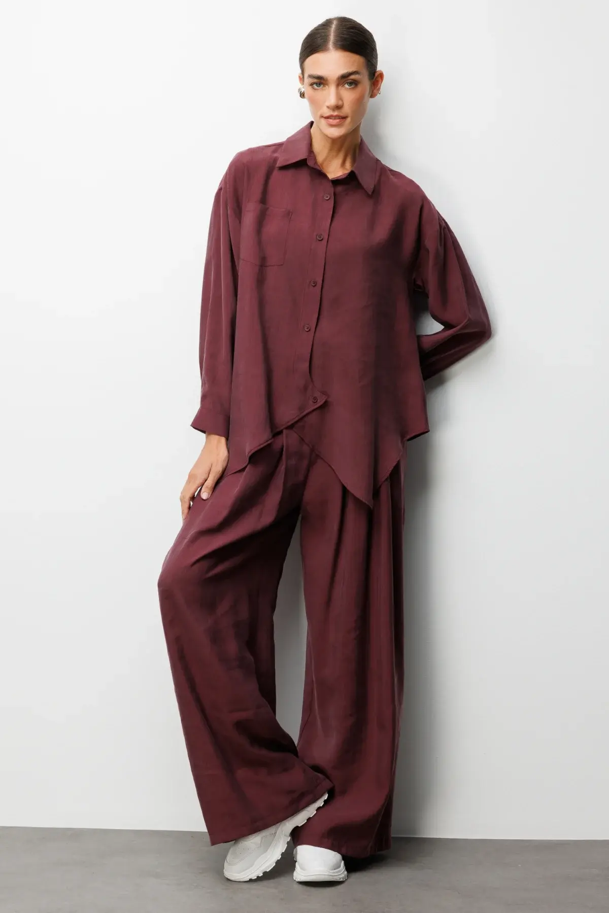 On Pileli Bol Paça Pantolon Vişne