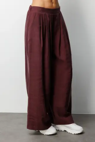 On Pileli Bol Paça Pantolon Vişne