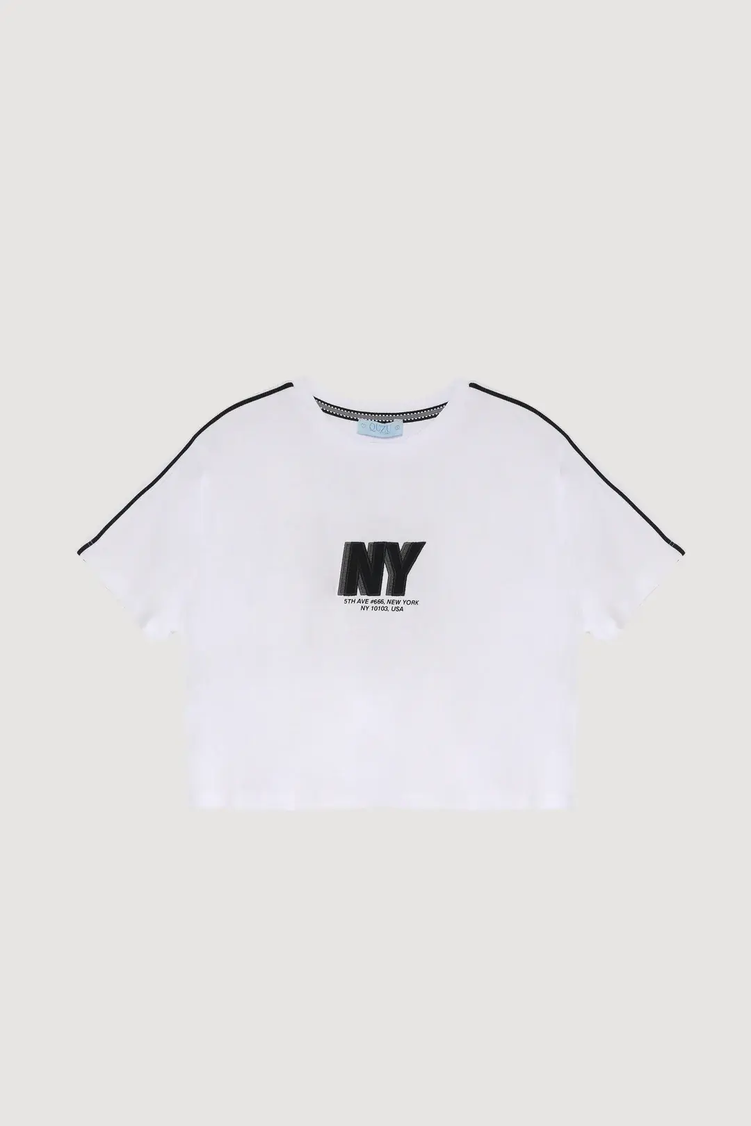 QUZU Yazı Baskılı Crop Kısa Kol Tişört Beyaz