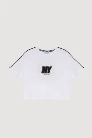 QUZU Yazı Baskılı Crop Kısa Kol Tişört Beyaz