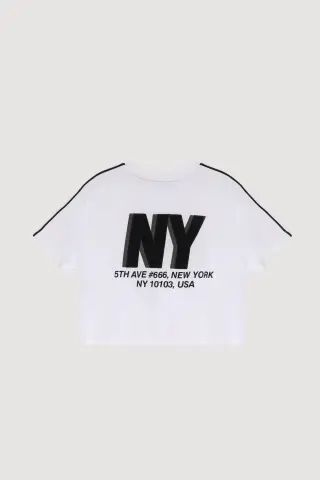 QUZU Yazı Baskılı Crop Kısa Kol Tişört Beyaz