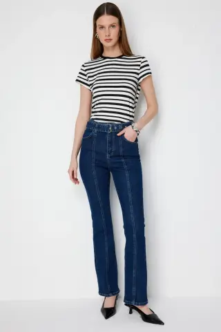 Ekol Kemerli İspanyol Paça Kot Pantolon Indıgo