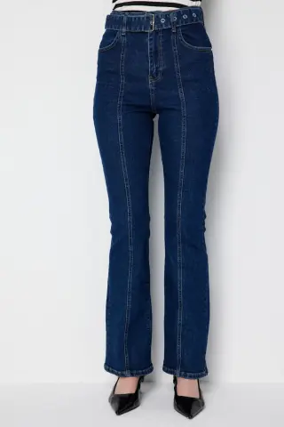 Ekol Kemerli İspanyol Paça Kot Pantolon Indıgo