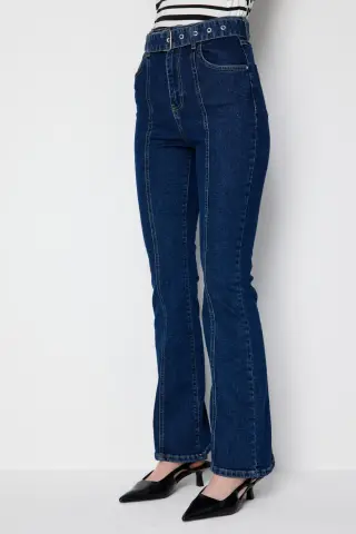 Ekol Kemerli İspanyol Paça Kot Pantolon Indıgo
