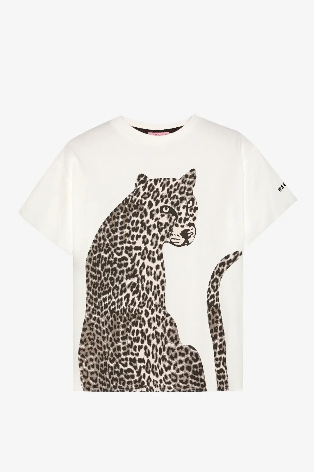 QUZU Leopar Figür Baskılı Bisiklet Yaka Tişört Ekru
