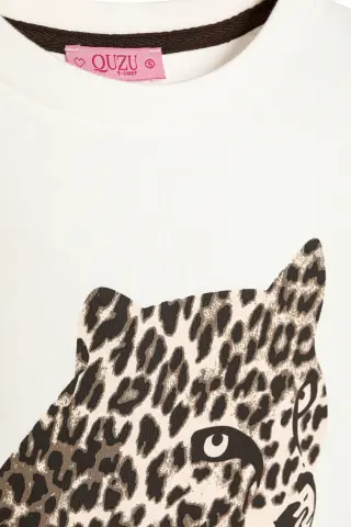 QUZU Leopar Figür Baskılı Bisiklet Yaka Tişört Ekru