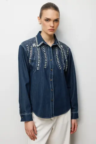 Ekol Taş İşlemeli Denim Görünümlü Gömlek Indıgo