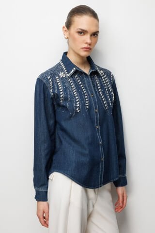 Ekol Taş İşlemeli Denim Görünümlü Gömlek Indıgo