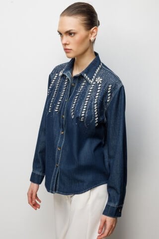 Ekol Taş İşlemeli Denim Görünümlü Gömlek Indıgo