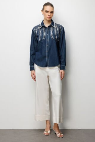 Ekol Taş İşlemeli Denim Görünümlü Gömlek Indıgo