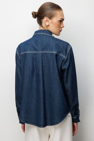 Ekol Taş İşlemeli Denim Görünümlü Gömlek Indıgo