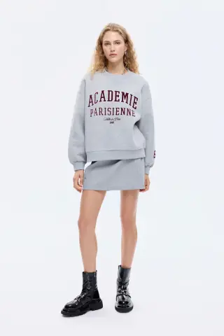 QUZU Yazı Baskılı Nakış İşlemeli Oversize Sweatshirt Grimelanj