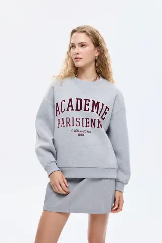 QUZU Yazı Baskılı Nakış İşlemeli Oversize Sweatshirt Grimelanj